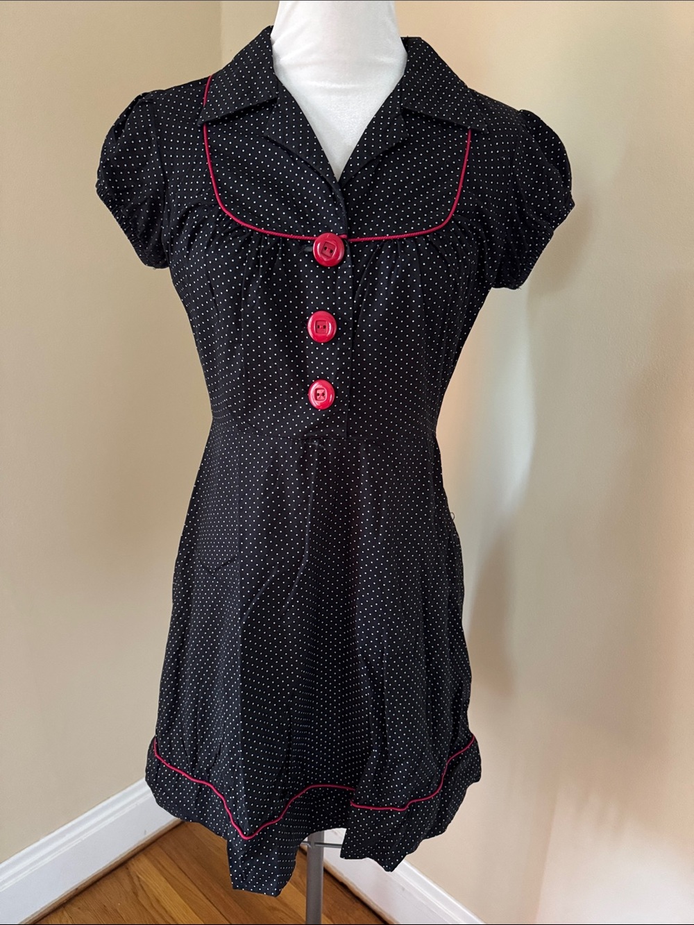 Black Polka Dot Dress with Red Trim and Buttons 6